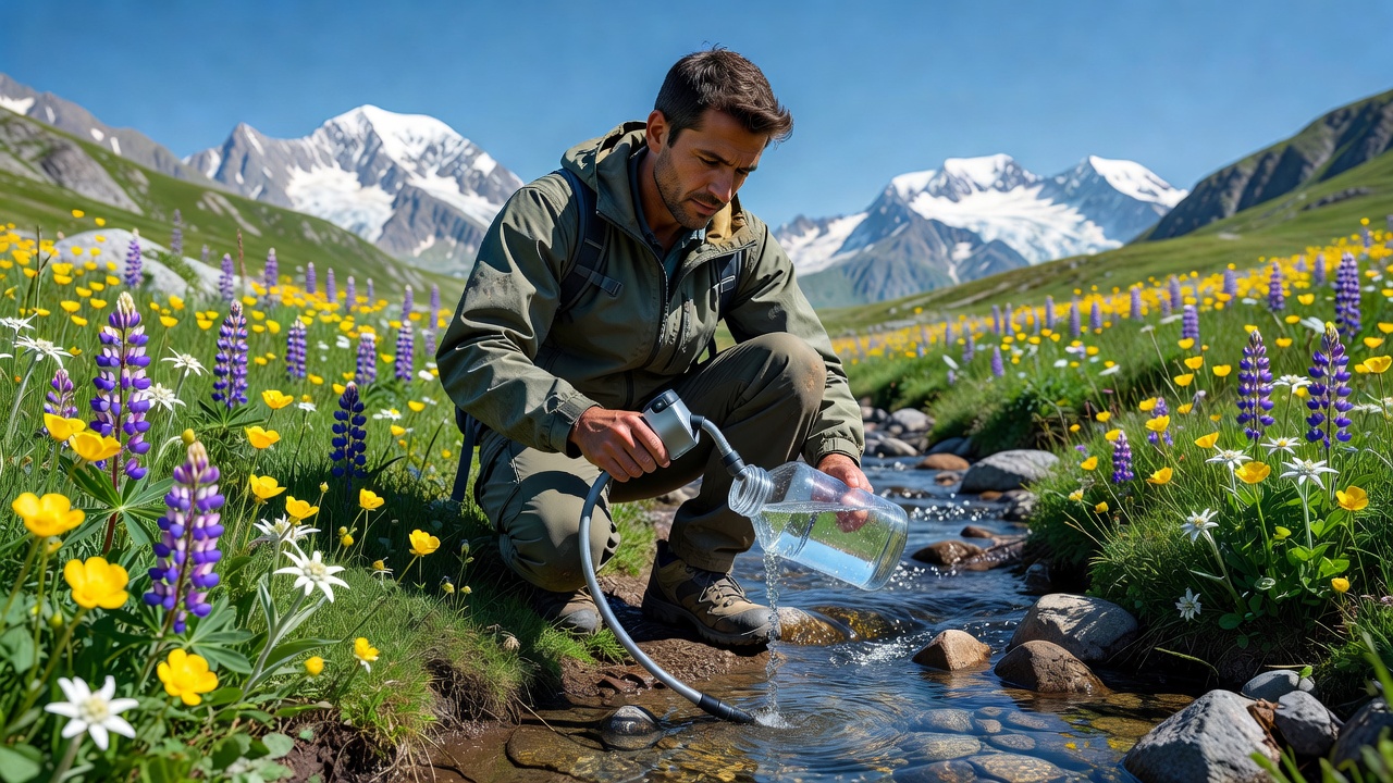 Hiker filtering water from a mountain stream