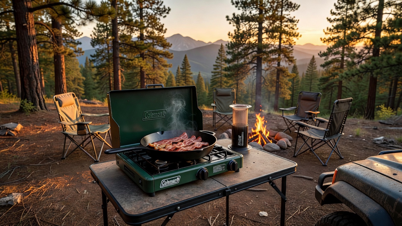 Camp kitchen setup with Coleman stove and morning coffee