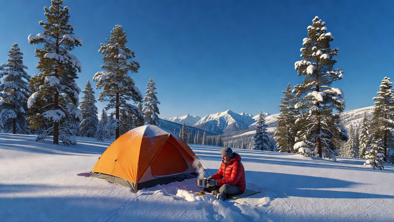 Snow-dusted winter tent at a December campsite surrounded by frosted pines