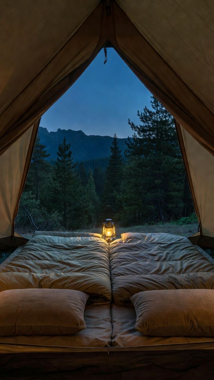 An insulated winter sleep system laid out at a blue-hour December campsite