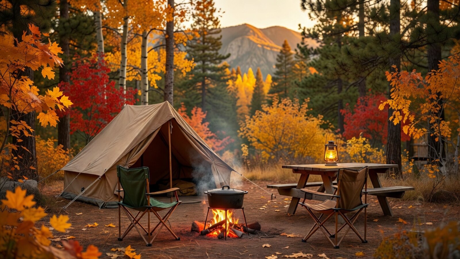 Fall family campsite at golden hour with a tent, campfire and Dutch oven surrounded by orange autumn foliage