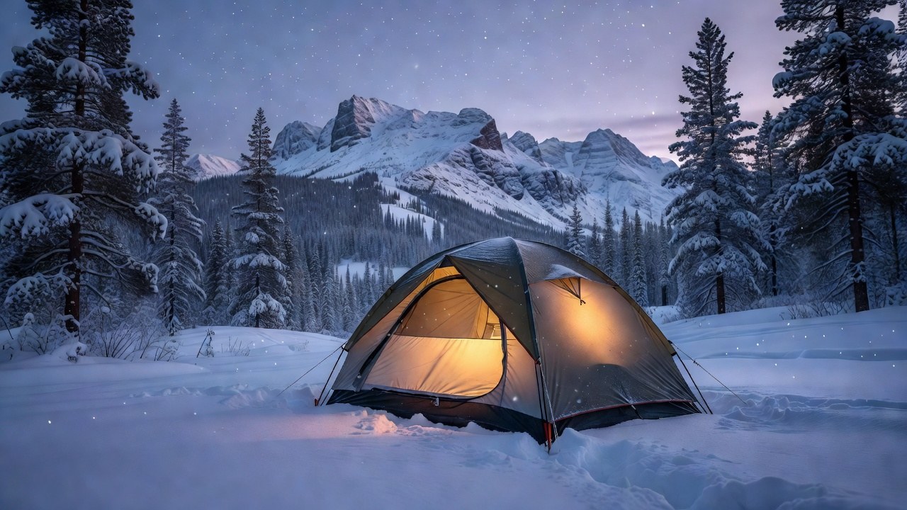 Winter 4-season tent pitched in fresh snow at dusk