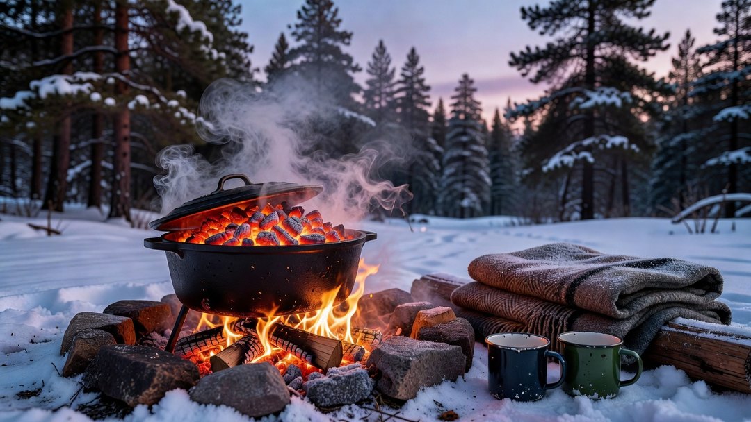 A cast-iron dutch oven with glowing coals on its lid beside a fire ring in the snow, steam and smoke rising, mugs and a wool blanket nearby