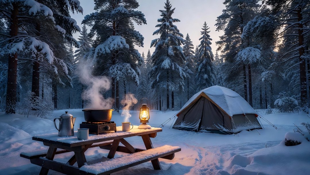 A snow-dusted campsite table at dusk with a steaming pot and percolator on a camp stove, two hot mugs, a snow-covered tent and pines behind