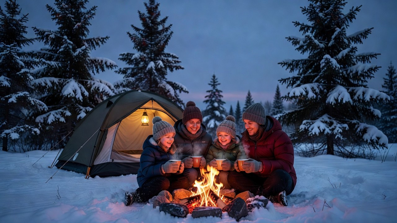 Family around a campfire at a snowy campsite at dusk, tent glowing behind them