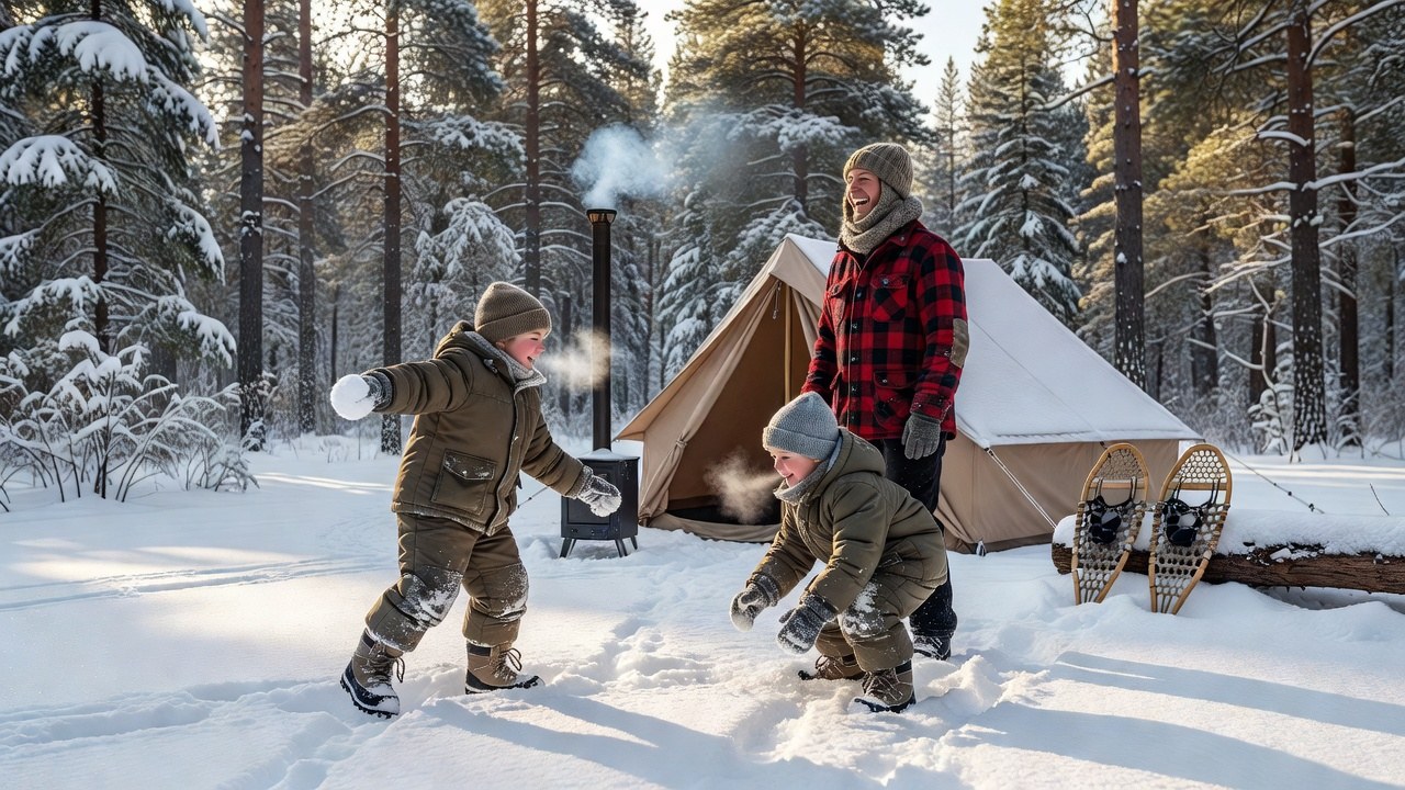 Two kids playing in fresh snow beside a winter campsite with a wood-stove tent