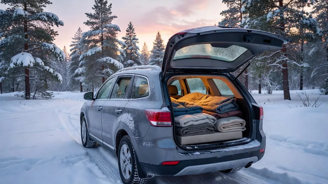 Winter car camping setup with insulated sleeping pads and a propane heater ready for a cold night near the slopes