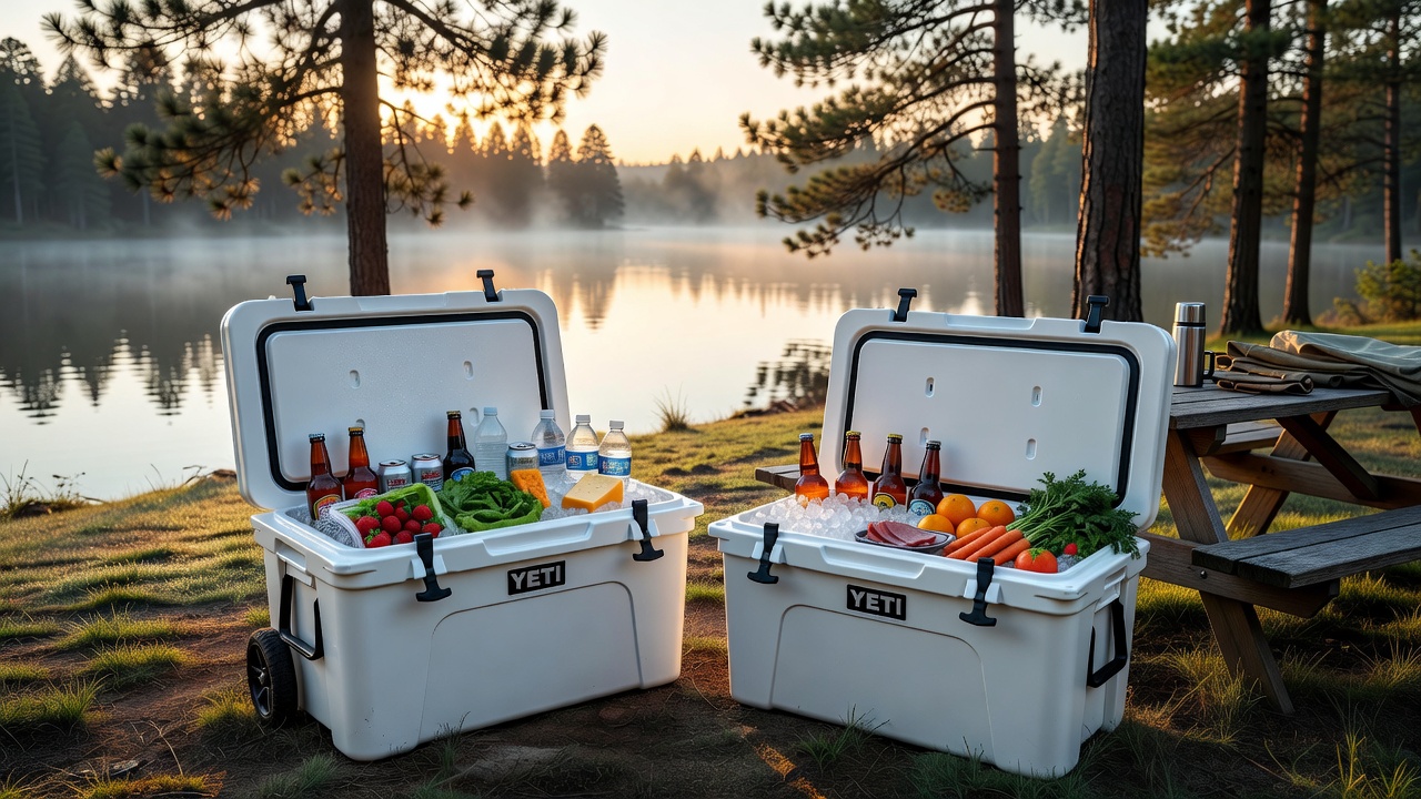 YETI Tundra Haul and Canyon Outfitter 55qt side by side at a lakeside campsite