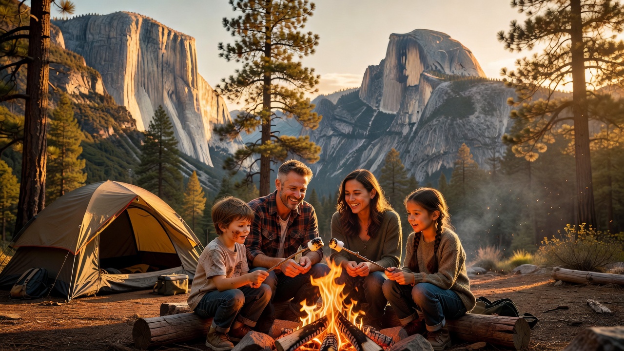 Family camping in Yosemite Valley at golden hour with Half Dome in the background and a campfire glowing at dusk