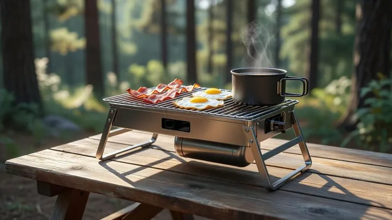Coleman tabletop 2-in-1 grill and stove set up for a group Thanksgiving camping dinner
