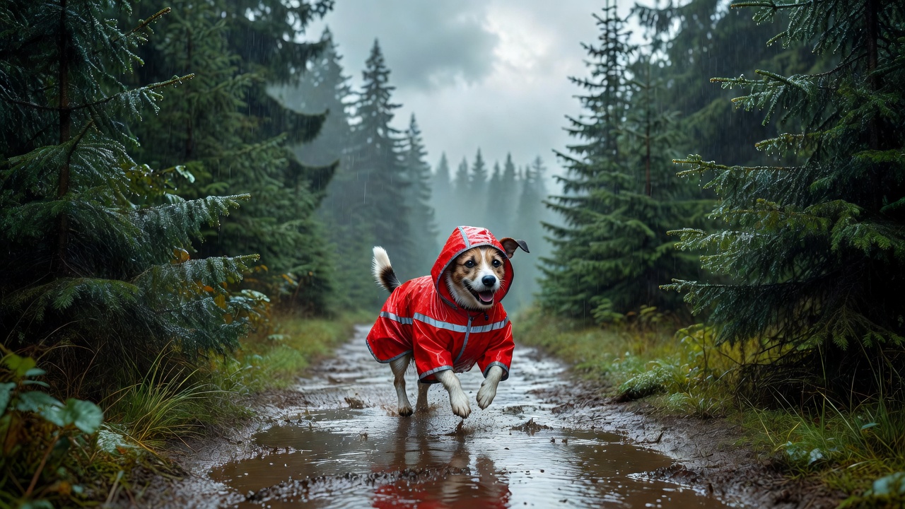 Hurtta Rain Blocker dog raincoat on trail