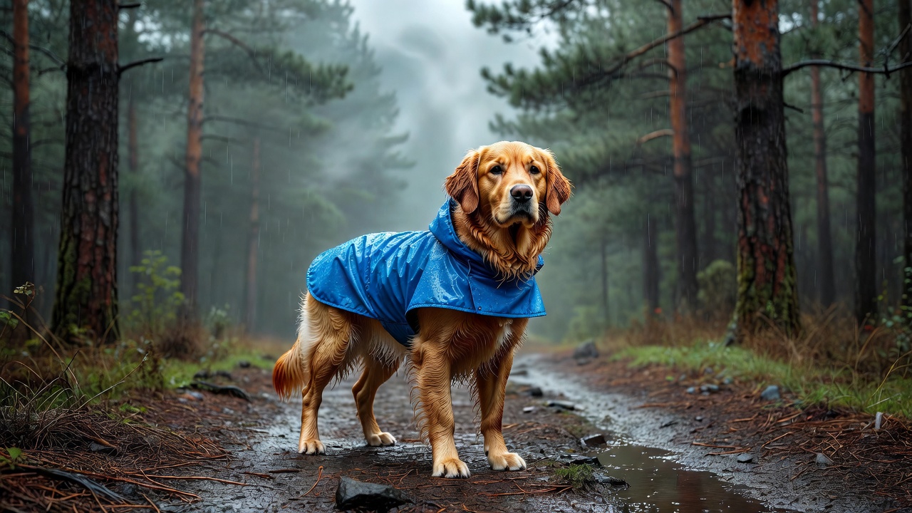 Ruffwear Sun Shower dog rain jacket on trail