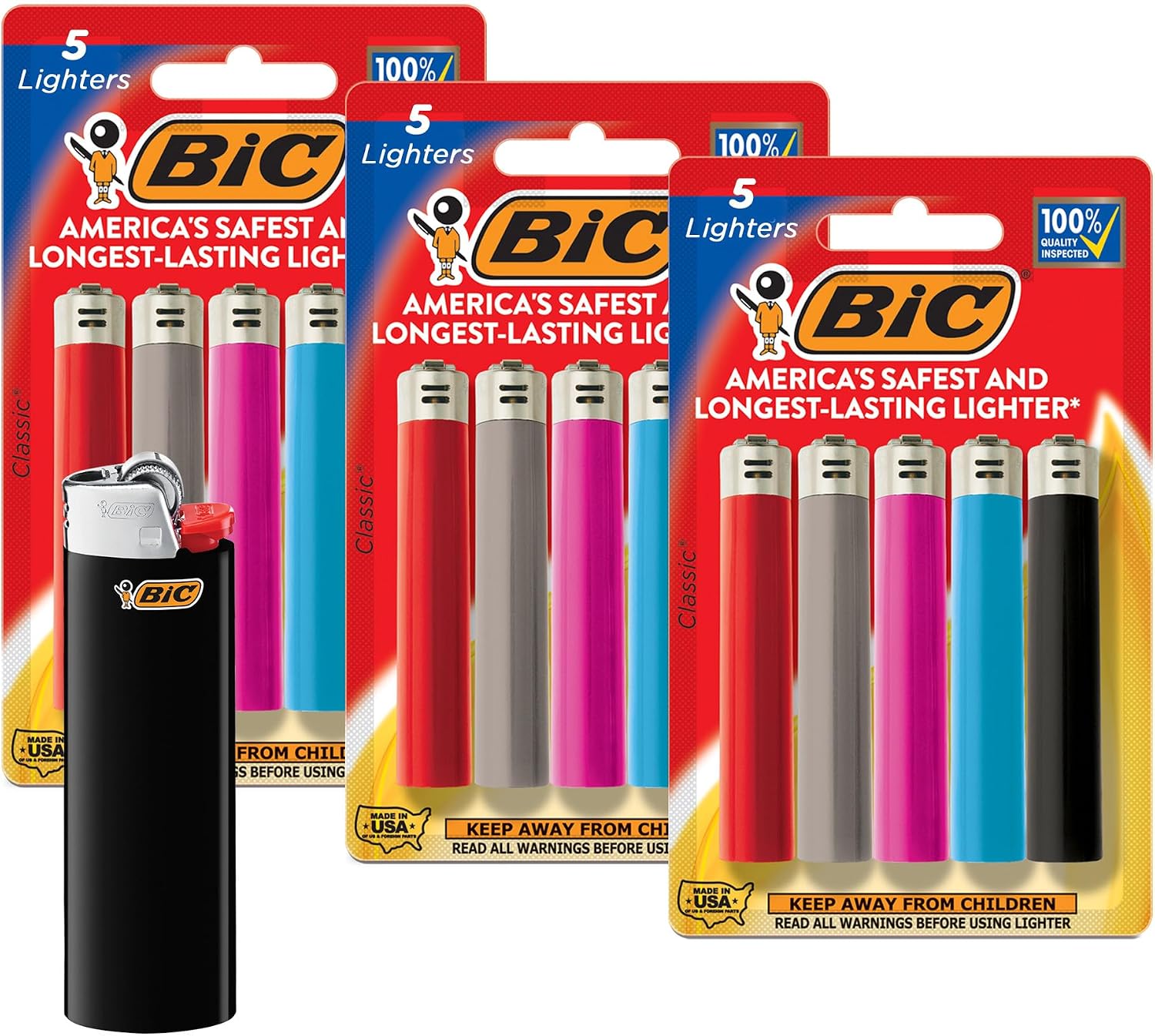 BIC Maxi Pocket Lighters, Long-Lasting Flame and Colorful Designs, Classic Collection, 15-Pack (Colors May Vary)