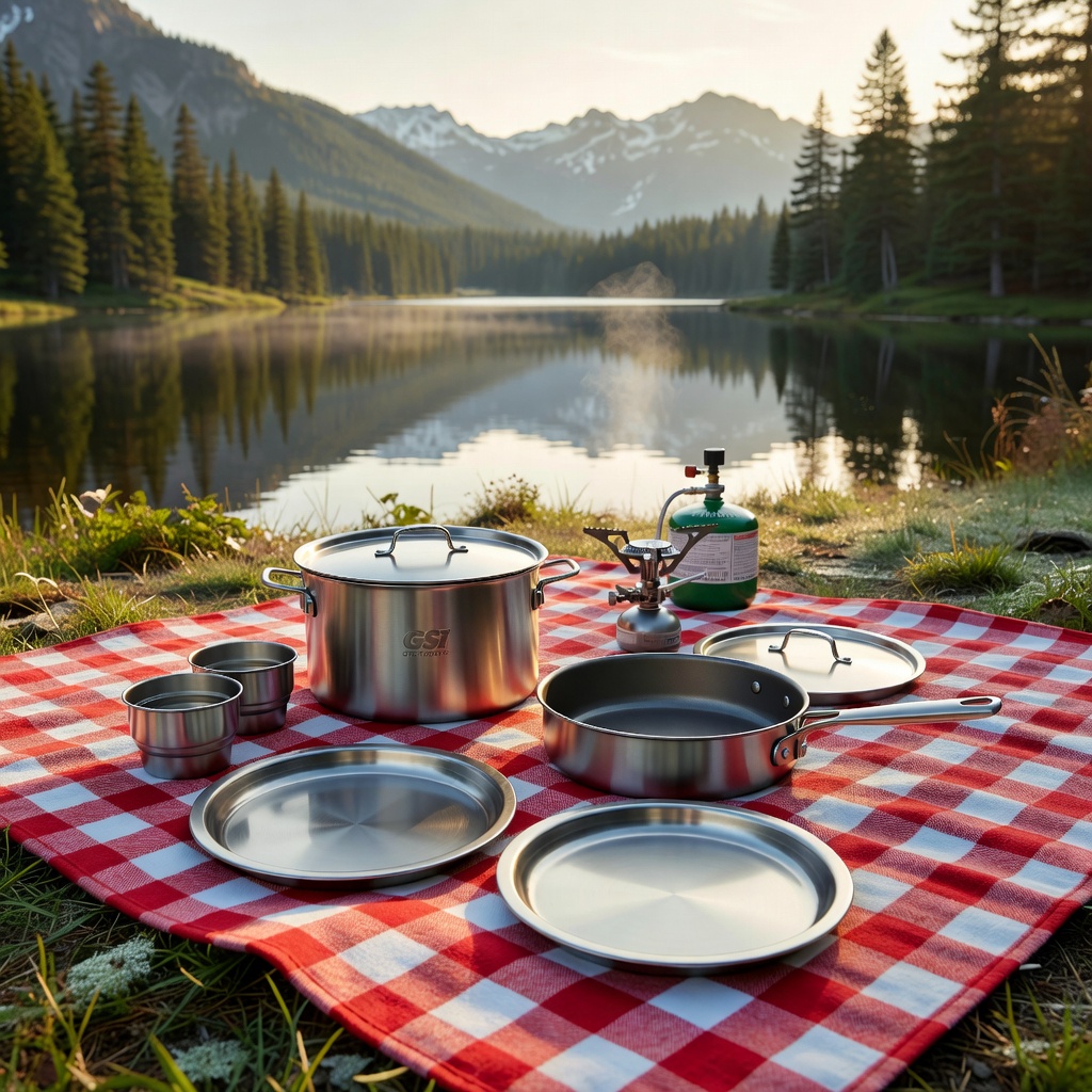 GSI Outdoors Glacier Stainless Camper — 4-Person Stainless Steel Camping Cookware & Dinnerware Set