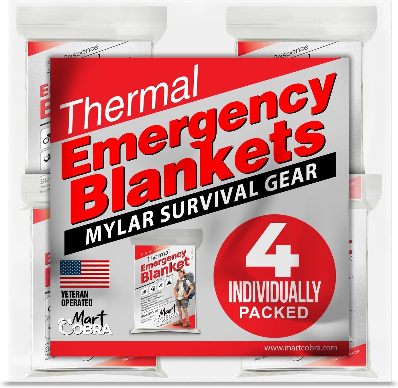 Emergency Blanket 4-Pack Space Mylar Blankets Survival Gear and Supplies Reusable Thermal Camping Hunting Essentials First Aid Car Backpacking Maratho