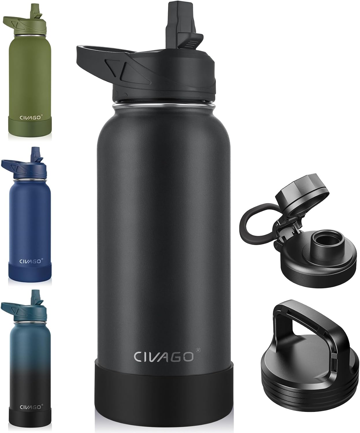 CIVAGO 32 oz Insulated Water Bottle With Straw, Stainless Steel Sports Water Cup Flask with 3 Lids (Straw, Spout and Handle Lid), Wide Mouth Travel Th