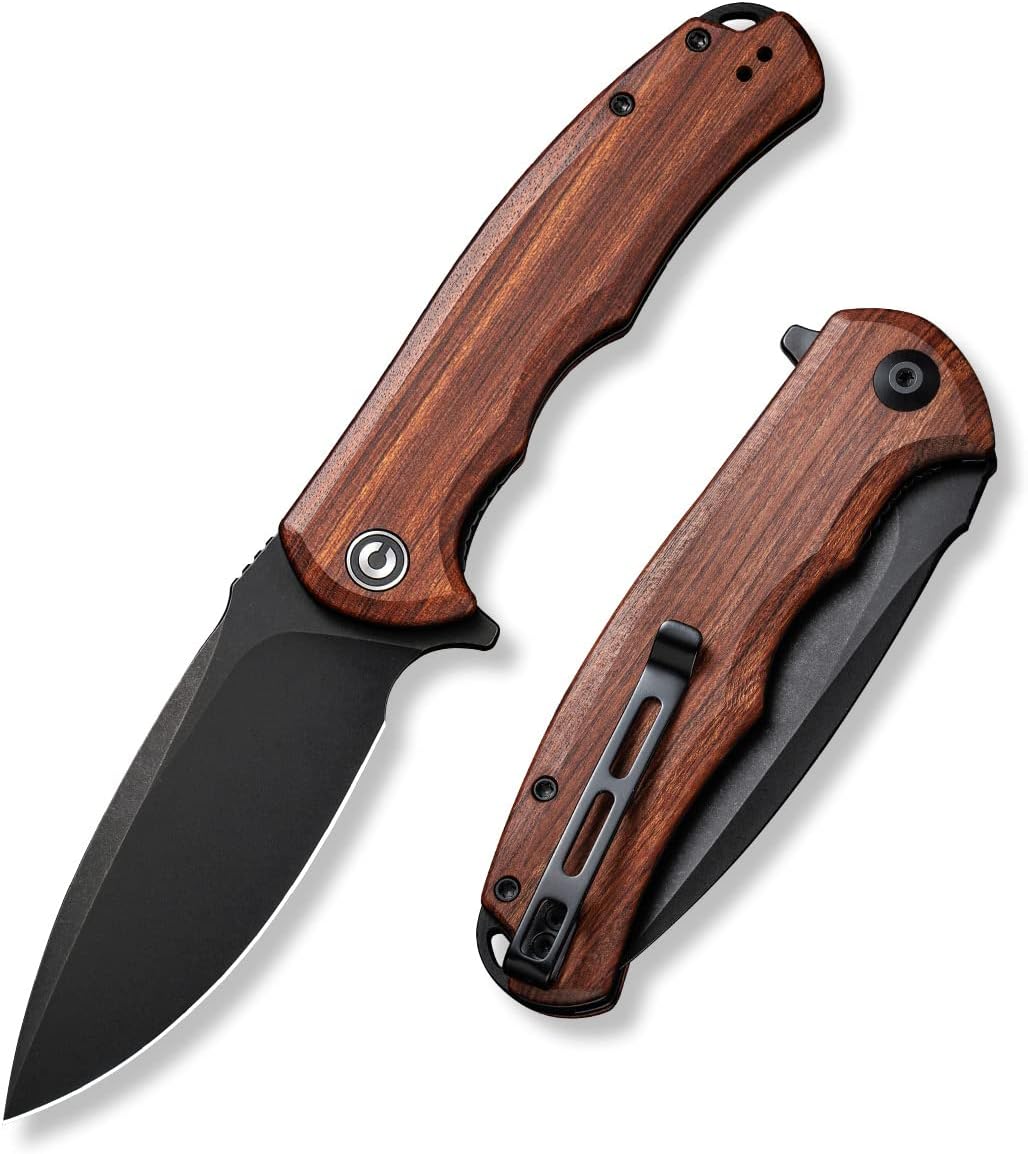 CIVIVI Folding Pocket Knife- Praxis Flipper Liner Lock Knife, 3.75" Black Stonewashed Blade with Cuibourtia Wood Handles, Reversible Clip for Everyday
