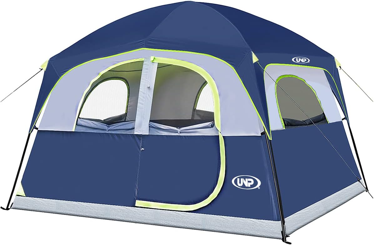 UNP Tents 6 Person Waterproof Windproof Easy Setup,Double Layer Family Camping Tent with 1 Mesh Door & 5 Large Mesh Windows