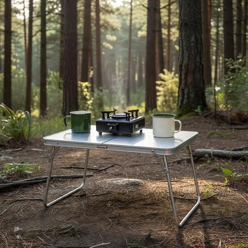 Group campsite with shared table, canopy and lanterns on a November friendsgiving weekend