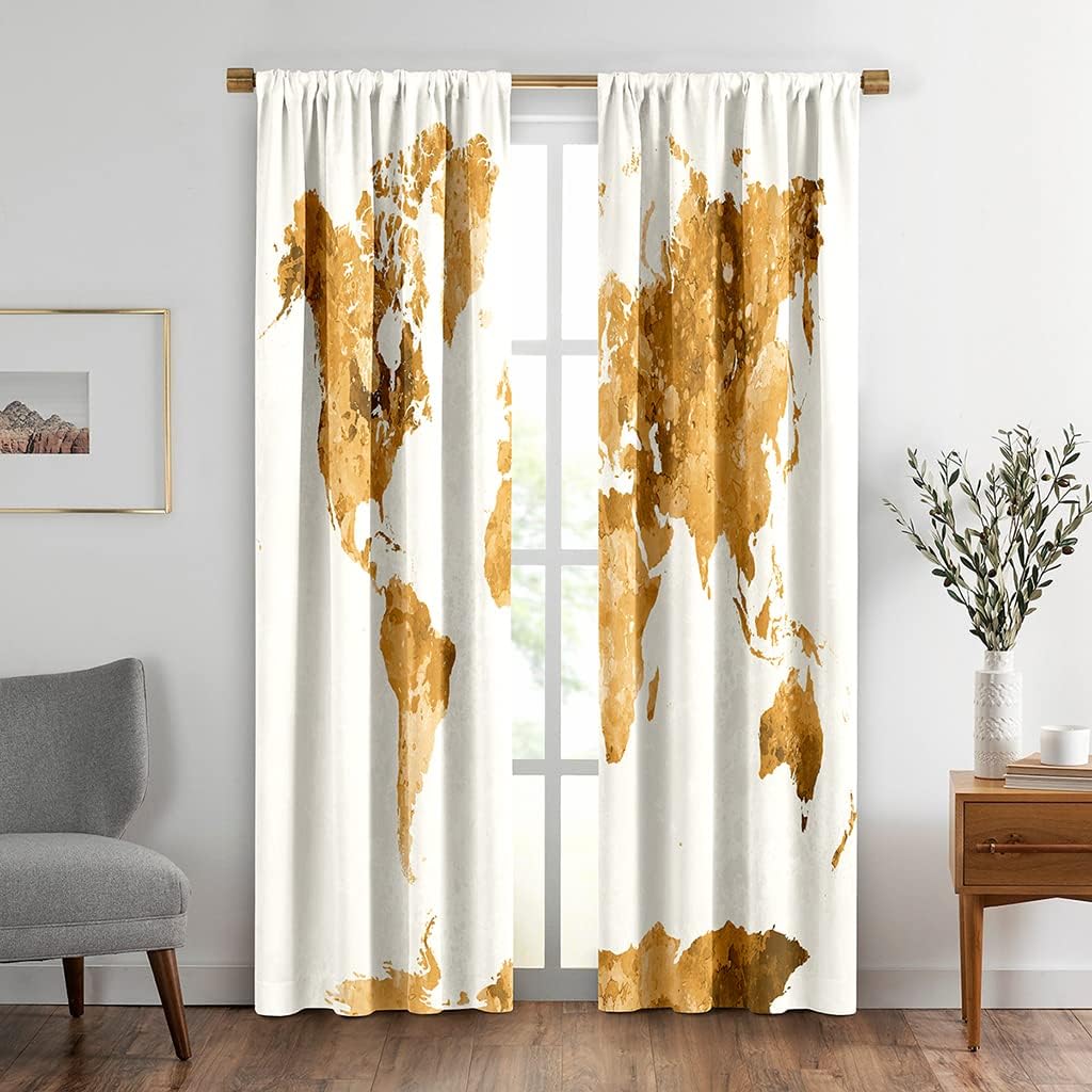 World Map Curtains, Simple Vintage Composition Atlas Print, Living Room Bedroom Window Drapes 2 Panel Set, 52" X 96",Yellow