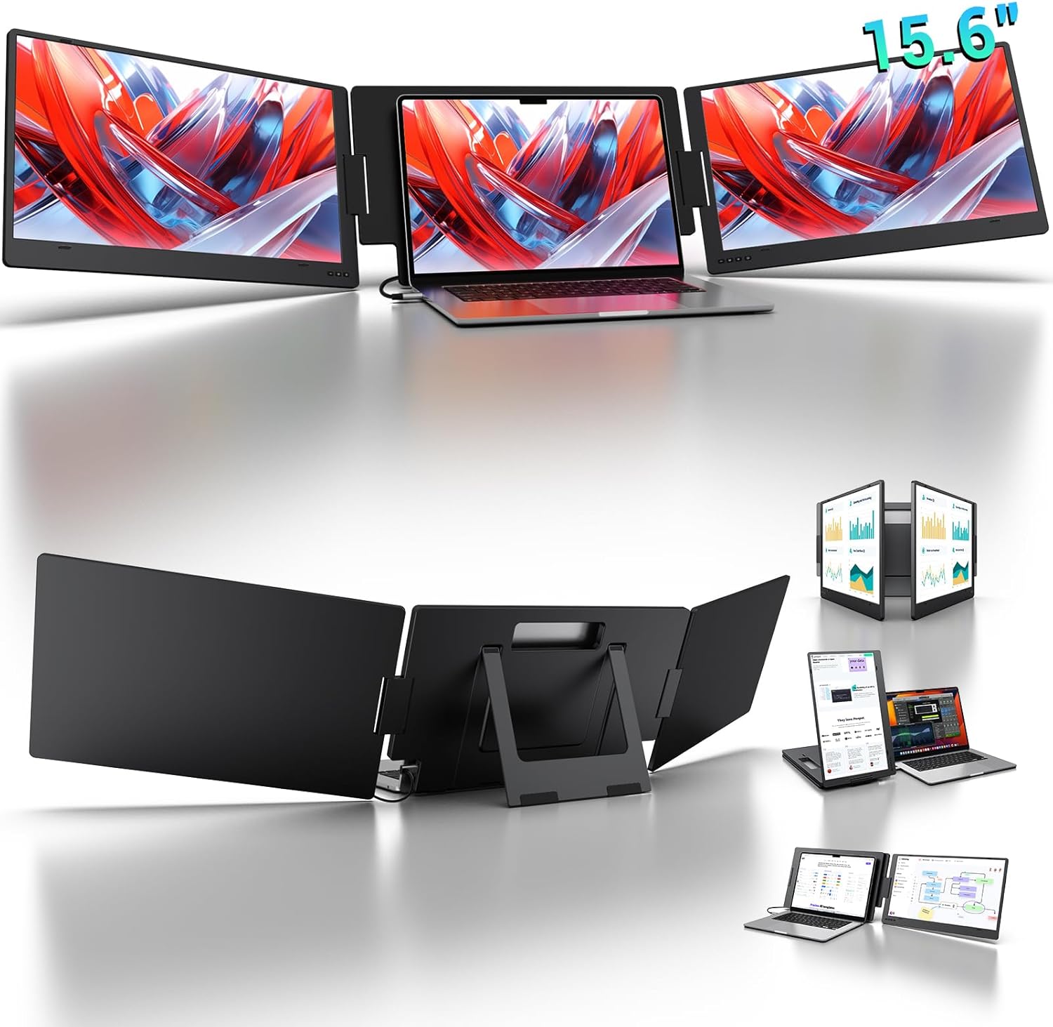 KYY 15.6" Laptop Screen Extender, 1080P FHD IPS Portable Monitor, One Cable USB-C Triple Monitor, Dual Travel Screen for 12"-17'' Laptops, 360° Rotati