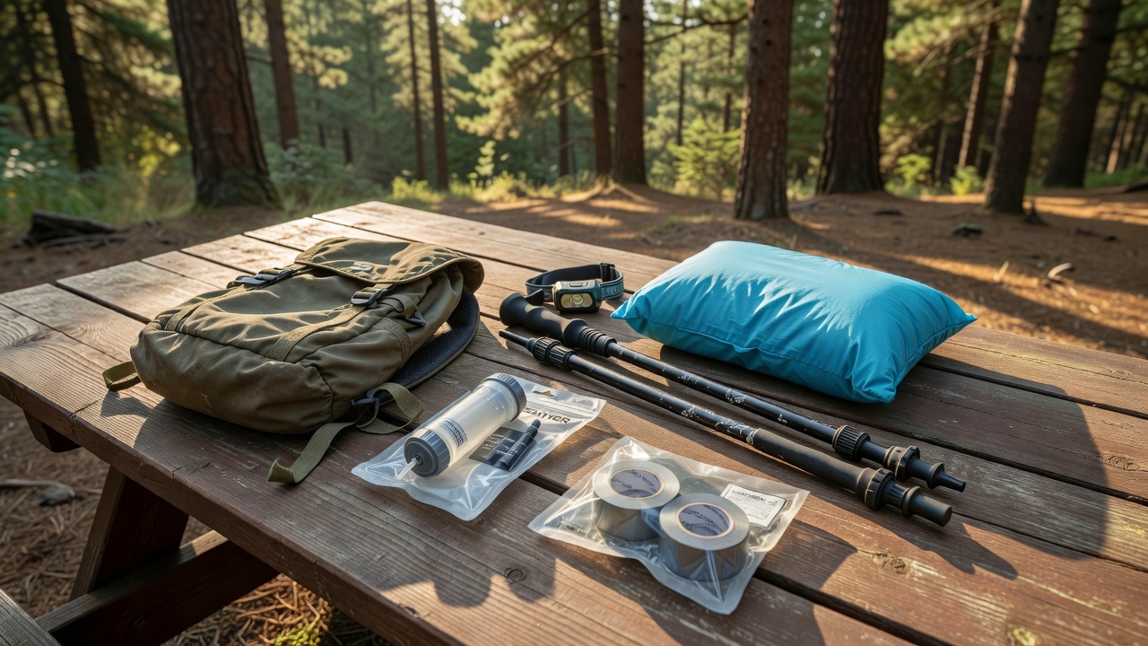 Budget camping gear flat-lay: backpack, water filter, pillow, repair tape, headlamp on a campsite picnic table