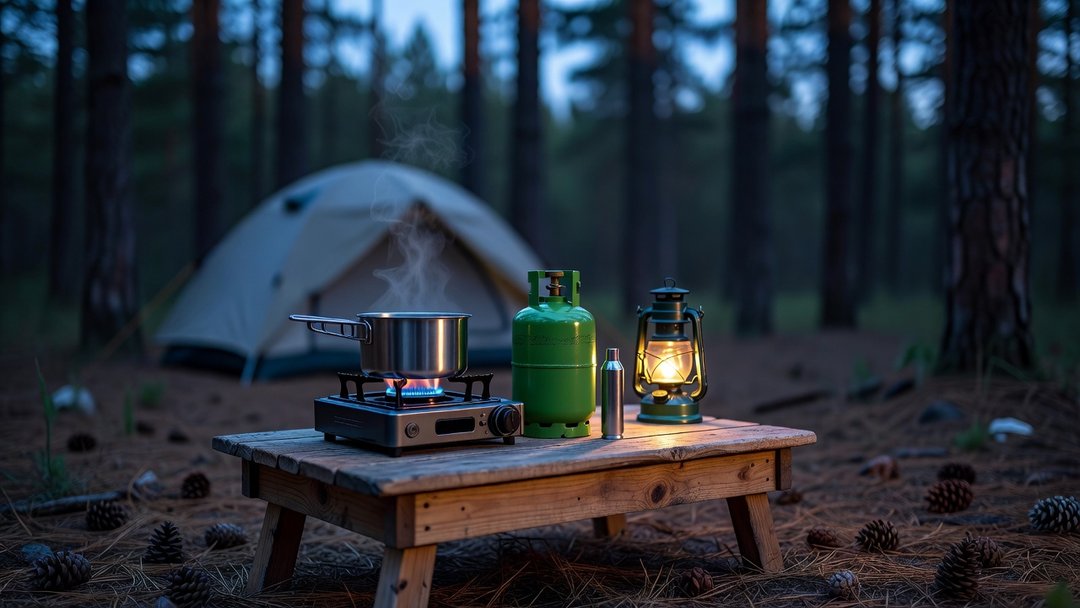 Propane fuel comparison chart for camp stoves at a lakeside campsite