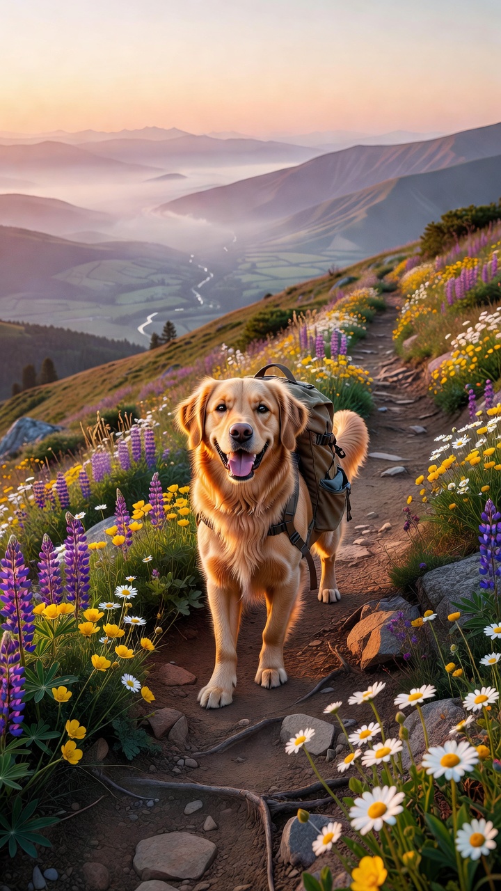 Trail dog and hiker on a mountain ridge at sunrise