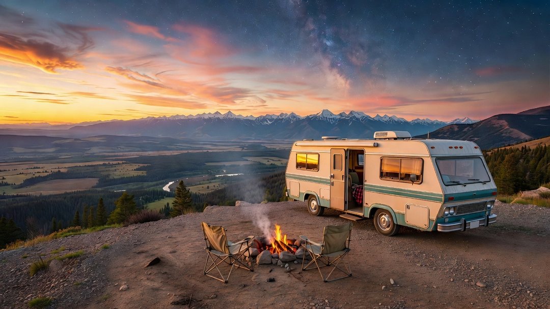 RV parked at a mountain overlook in late fall