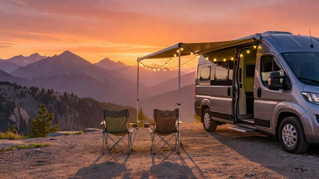 A camper parked at a mountain overlook in late-day light, the kind of quiet off-season site where a stored rig sits unattended for months