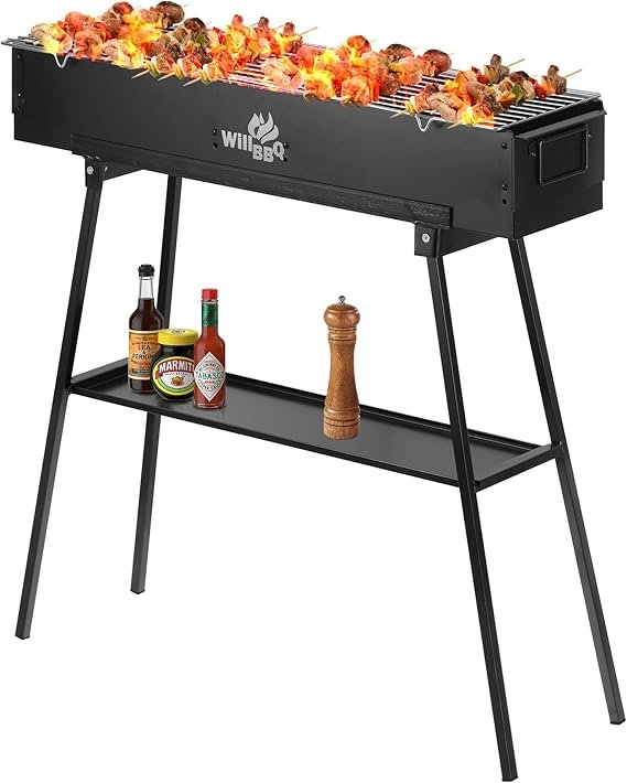WILLBBQ Charcoal Grills Commercial Quality Portable Hibachi BBQ Folded Camping Barbecue Grill for Backyard Party Outdoor Cooking Use，Perfect Christmas Gifts for Dad (31.6×7.1×5.1 inch), BLACK