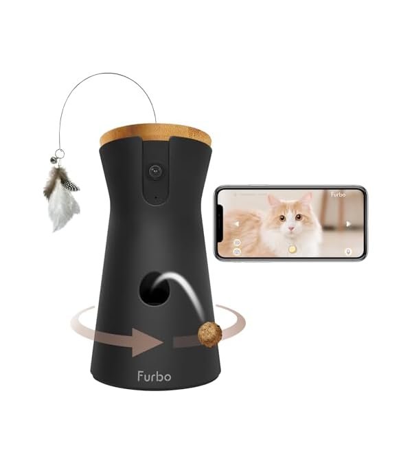 Cat interacting with Furbo treat dispenser camera