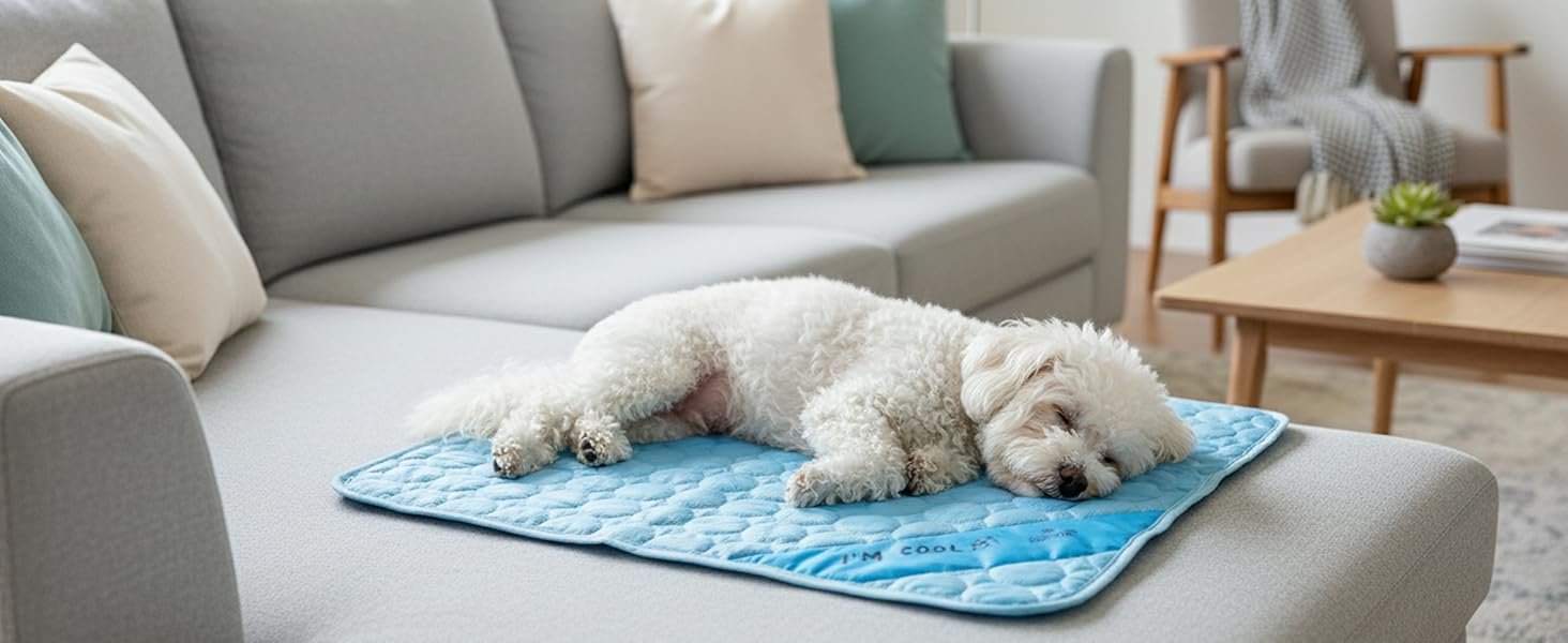 Dog relaxing on the Inspector Tail cooling mat on the sofa