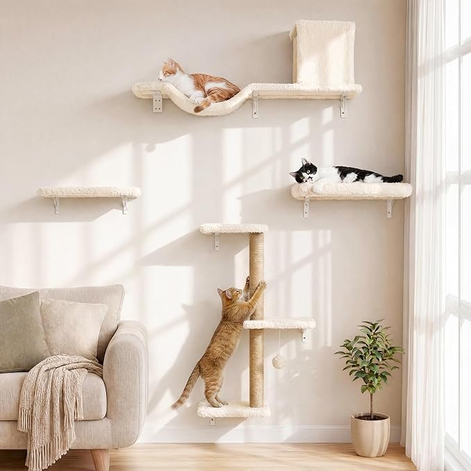 FUKUMARU 5-in-1 Cat Wall Shelves product image showing the complete wall furniture set