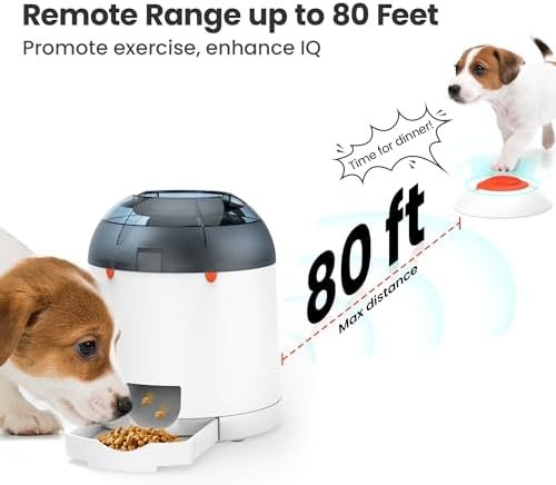Dog using the Potaroma puzzle feeder remote button to dispense treats