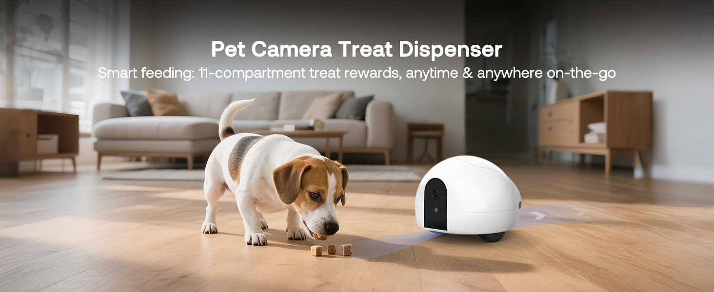 pumpkii robot pet camera features diagram showing the treat dispenser, laser pointer, and self-charging dock