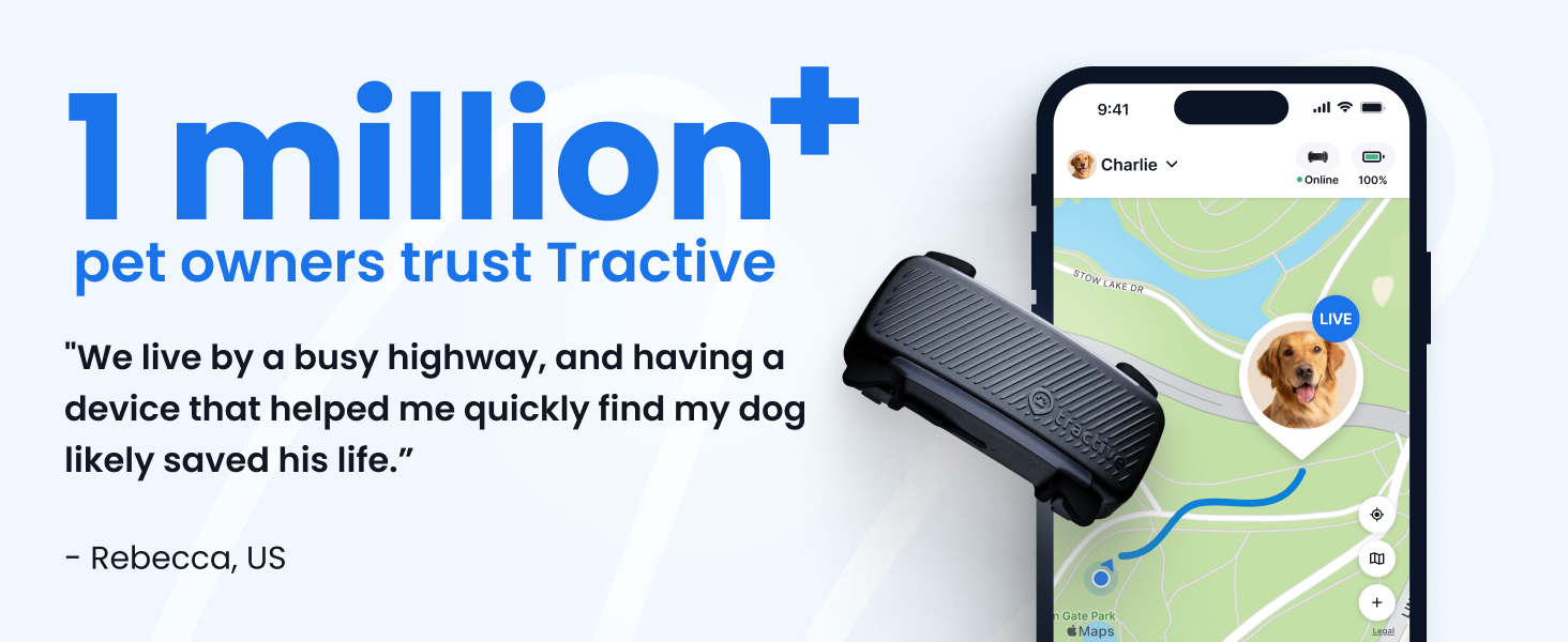 Tractive GPS app showing real-time dog tracking and virtual fence